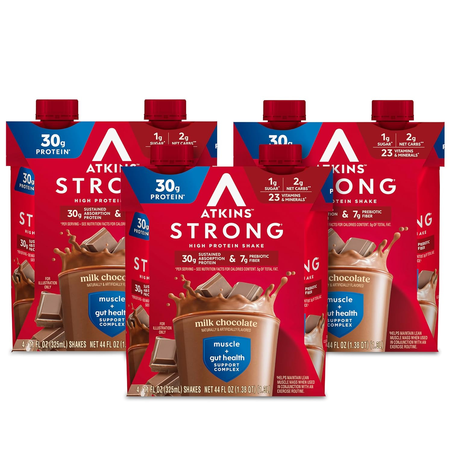 Atkins Strong High Protein Shake, Milk Chocolate, 30g Protein, 7g Prebiotic Fiber, Muscle & Gut H... | Amazon (US)
