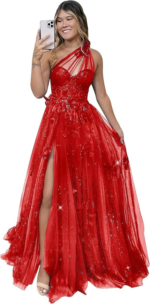 Sparkly Tulle Prom Dresses for Women 2025 One Shoulder Lace Applique Long Formal Evening Gowns wi... | Amazon (US)