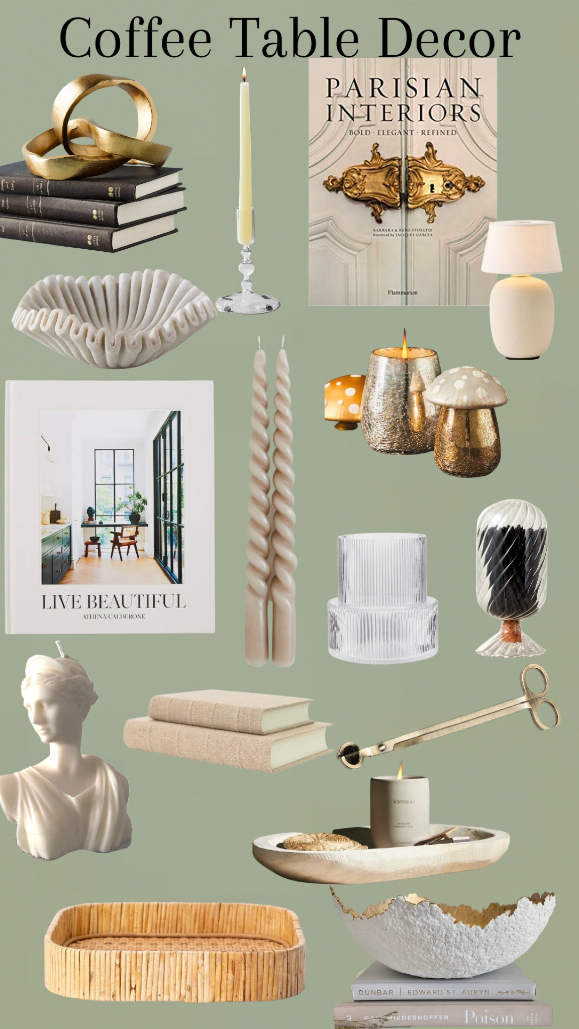 Coffee table and/or shelf decor! For living room or bedroom. Decoratative objet, coffee table book, candlestick holder, taper candle, vase, wick trimmer, decorative tray, bowl, trinket dish 

#LTKhome #LTKHoliday #LTKGiftGuide