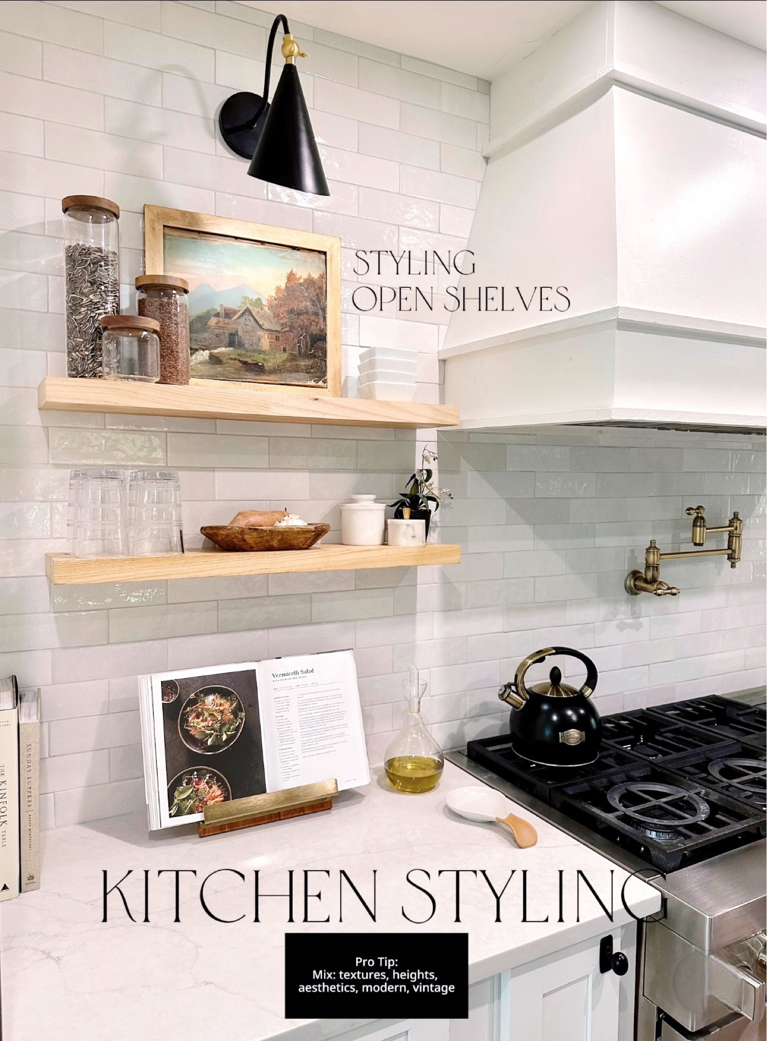 Open shelf Styling Tips: Mix vintage pieces with modern pieces and different styles to create interest and personality. Here, I used a mix-century modern sconce with rustic wood shelves and modern farmhouse pieces with gold glam pieces. Mixing in art pieces with functional dishes helps to fill in empty space and add color to neutral decor. 

🏷️ kitchen decor , open shelves , cookbook holder , tea kettle , glass containers , cookbooks , sconce , task lighting , kitchen lighting , backsplash tile , subway tile , salt container , butter kettle , gold pot filler , olive oil dispenser , amazon home

#LTKhome #LTKstyletip