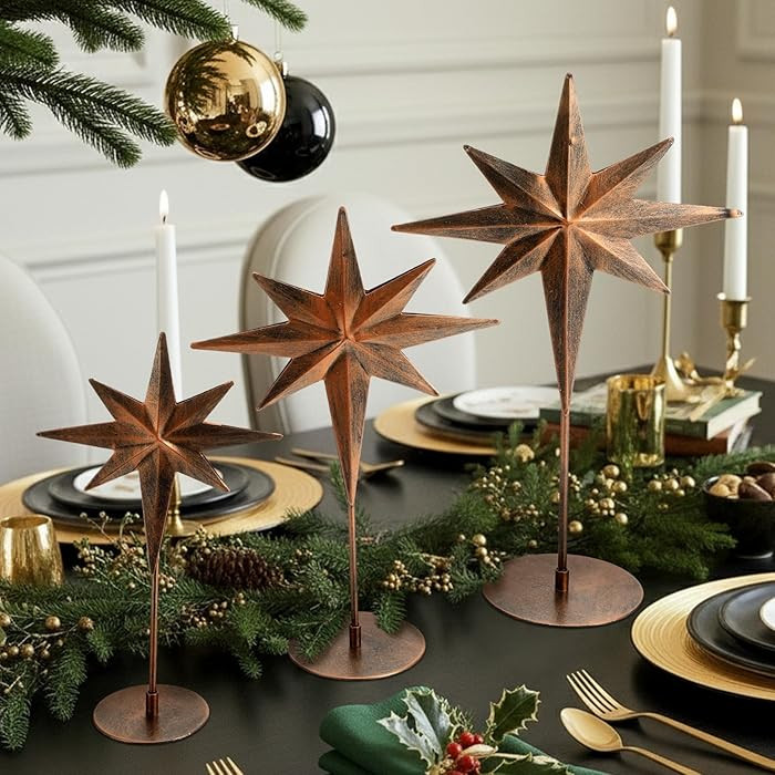Pinkunn 3 Pcs Christmas Table Decorations Metal Primitive Rustic Bethlehem Star Set Bronze Rusty ... | Amazon (US)