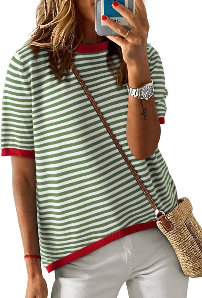 Dokotoo Womens Summer Tops Casual Crewneck Short Sleeve Striped Color Block Knitted High Low Tren... | Amazon (US)