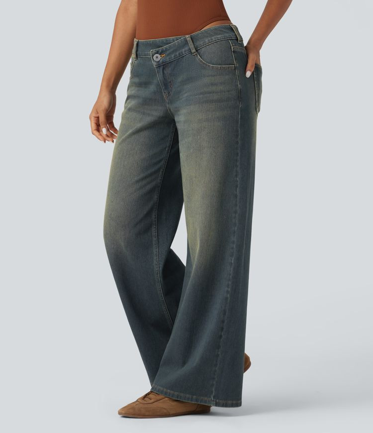 Women’s Halara Flex™ Asymmetric Low Rise Zipper Pockets Baggy Wide Leg Washed Casual Jeans - ... | HALARA