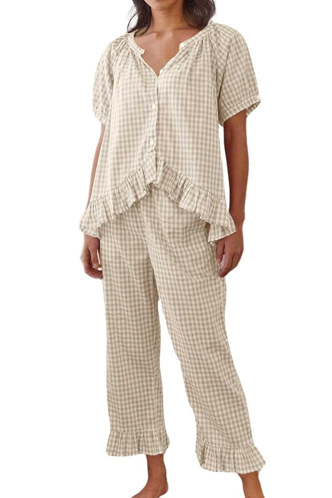 Womens Gingham Pajama Set 2 Piece Short Sleeve Babydoll Shirt and Pants Lounge Set Cute Sleepwear | Amazon (US)