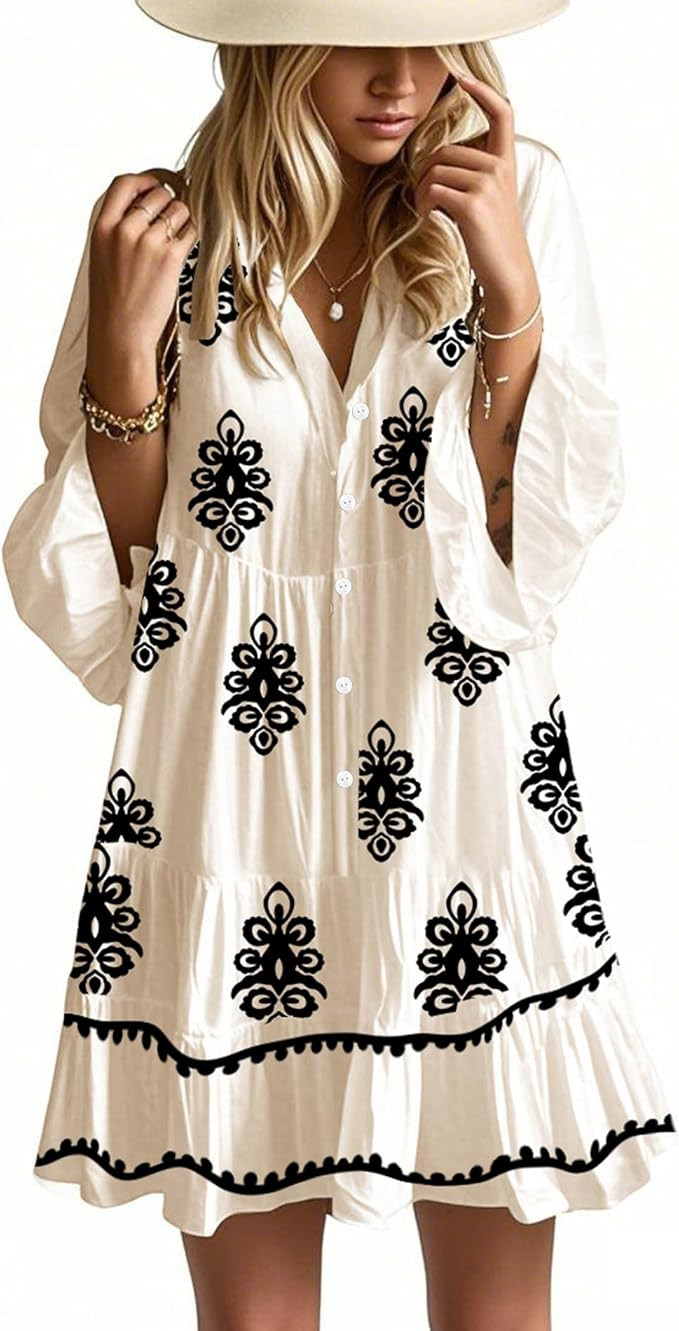 Opemiby Summer Dresses for Women 2026 Flowy Ruffle 3/4 Sleeve V Neck Tiered Casual Babydoll Boho ... | Amazon (US)