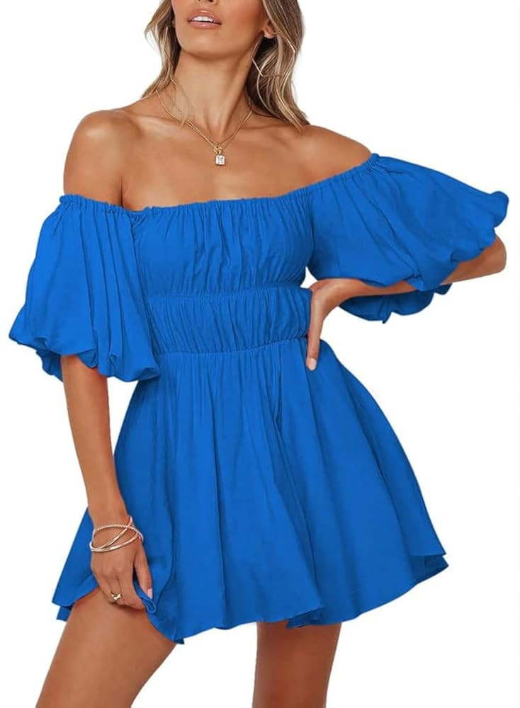 Dokotoo Womens Off The Shoulder Summer Dresses 2025 Short Lantern Sleeve Ruffle Elastic Waist A-L... | Amazon (US)