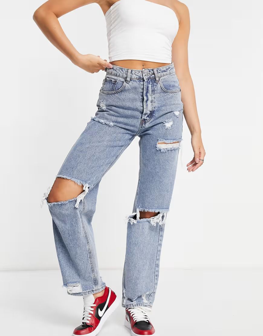 Signature 8 high waisted ripped straight leg jean in mid wash-Blue | ASOS (Global)