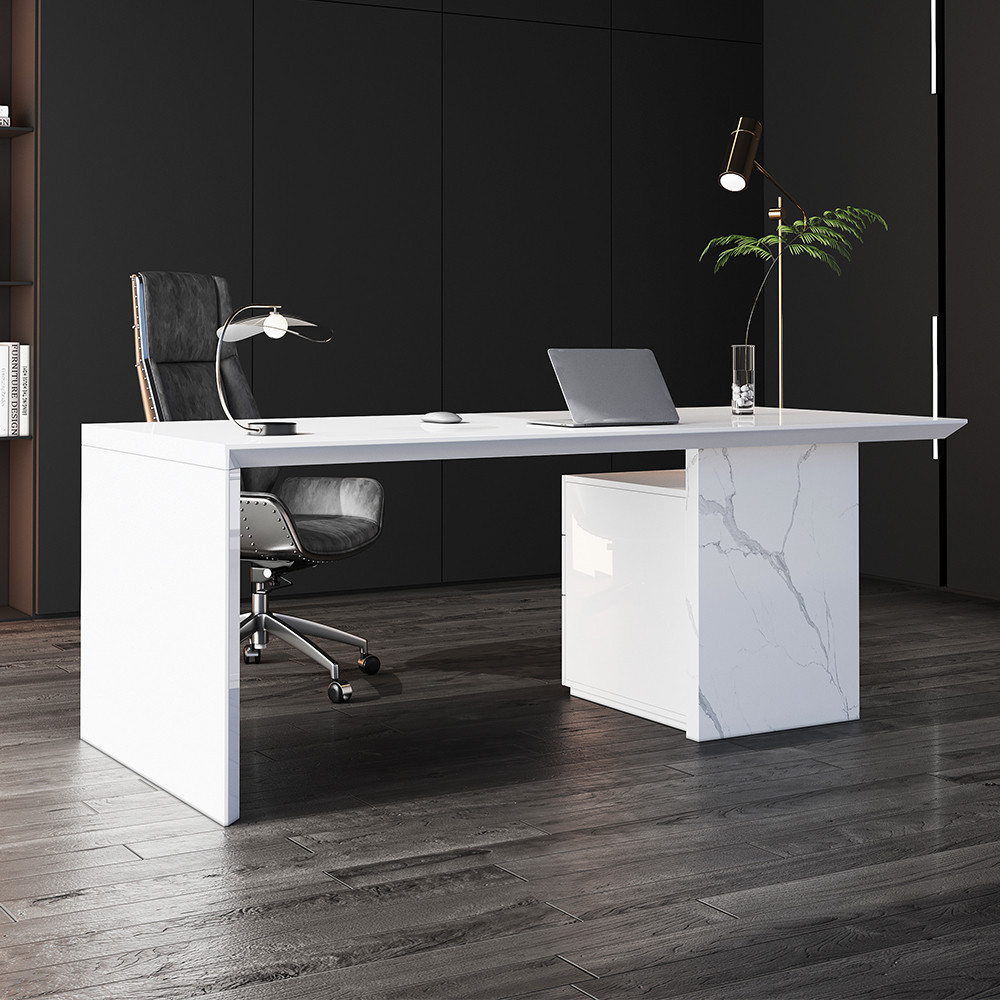 Modern White Wooden Home Office Desk with Movable File Cabinet Office Furniture (70.9") | Homary