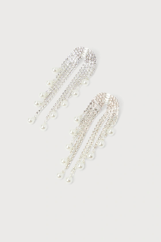Glamorous Dreams Silver Rhinestone Pearl Fringe Earrings | Lulus (US)