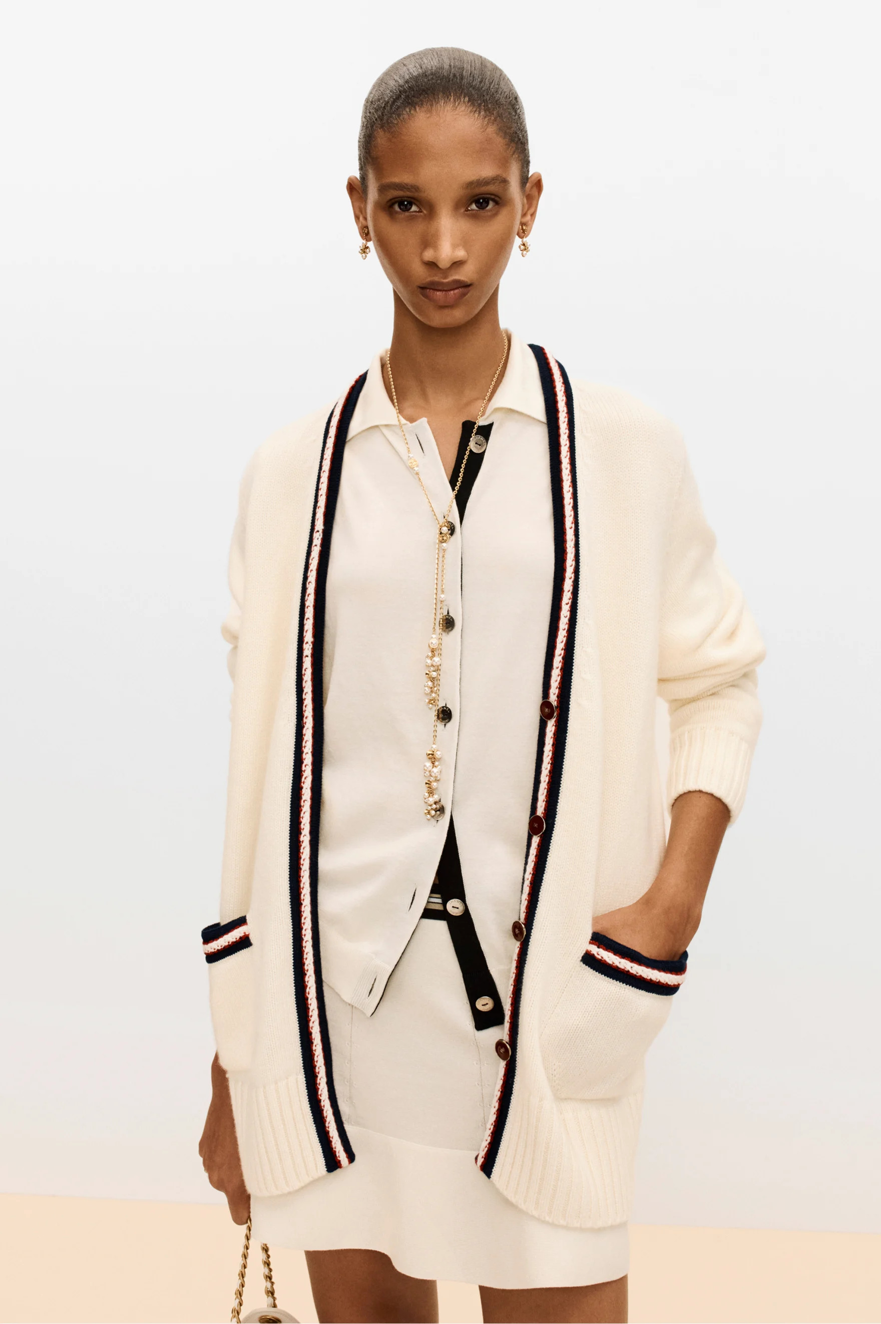 Cardigan - Cashmere, white, navy blue & red — Fashion | CHANEL | Chanel, Inc. (US)