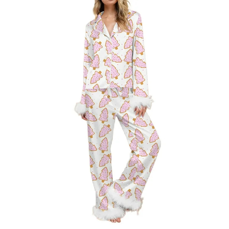 Bmnmsl Women Christmas Pajamas Lounge Set Santa/Christmas Tree/Boots Print Fuzzy Trim Long Sleeve... | Walmart (US)