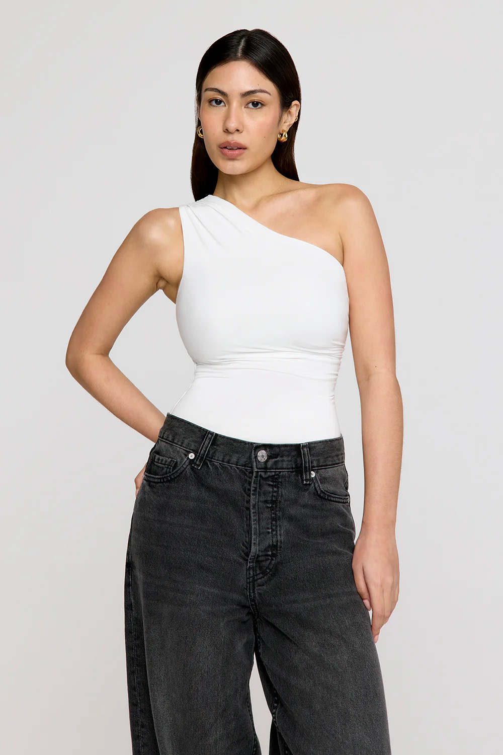 365 Asymmetric Ruched Side Bodysuit - Coconut Milk | TALA (UK)