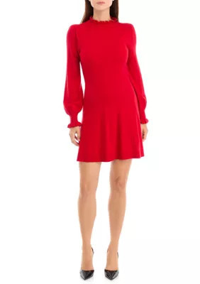 CeCe Women's Long Sleeve Ruffle Neck Sweater Dress, Red, Medium | Belk