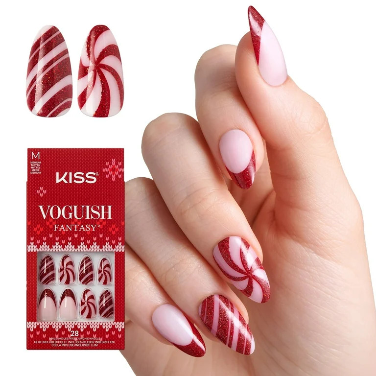 KISS Voguish Fantasy Holiday Press On Nails Almond, ‘One More Kiss’, Red, Medium, 28 Count | Walmart (US)