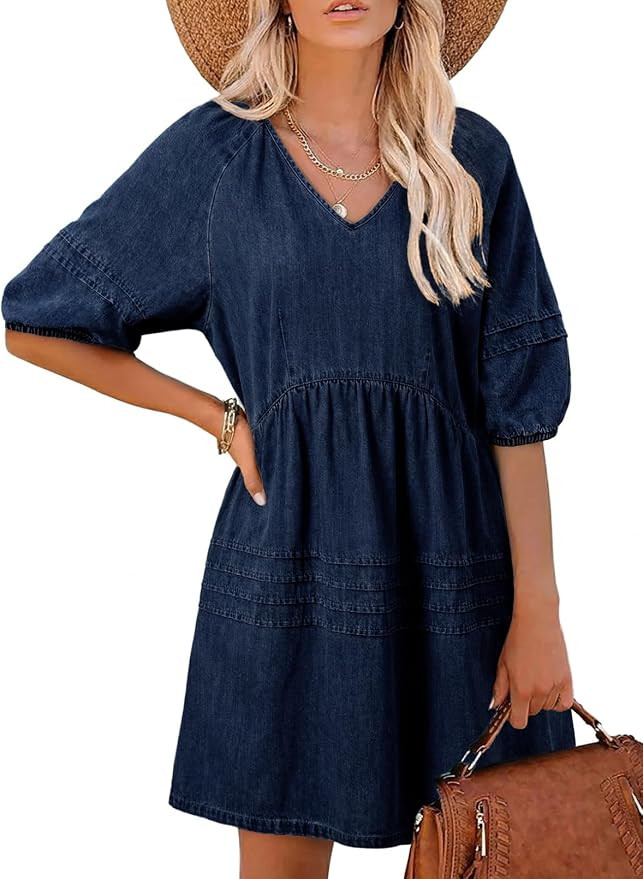Dokotoo Womens Denim Dress Casual V Neck 3/4 Length Puff Sleeve Back Tie A Line Summer Dresses wi... | Amazon (US)