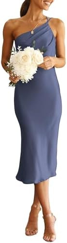 PRETTYGARDEN Women's Midi Satin Dress One Shoulder Spaghetti Strap Backless Ruched Summer Bodycon... | Amazon (US)