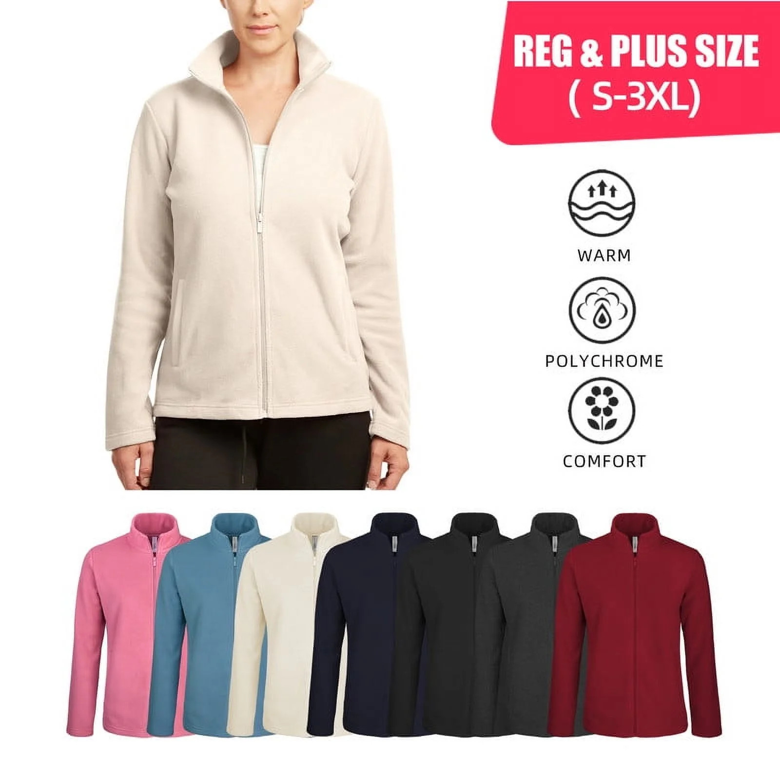 Women’s Polar Fleece Jacket with Pockets Full Zip Up S-3XL Regular & Plus Long Sleeve Lightweig... | Walmart (US)