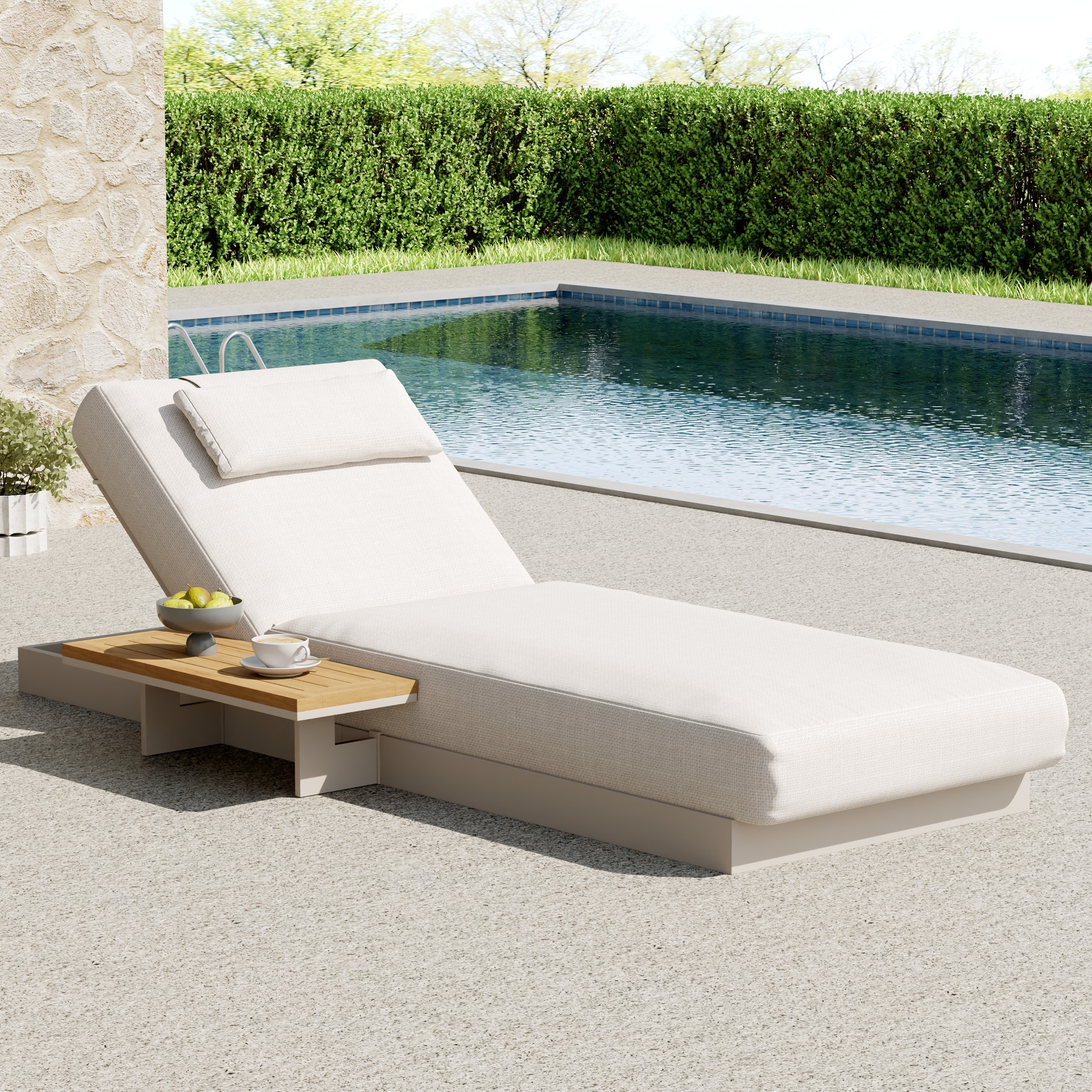 Axis Teak & Aluminum Outdoor Lounger Daybed Modern Yard & Patio Furniture in Warm White Cushion & Pillow Included (78.7"") | Homary