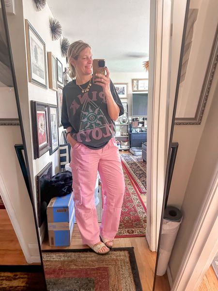 Pink moment for spring. These loose fitted pants are perfect for it, I matched them with an oversized graphic shirt that has some pink in it too! 

top l/xl
pants large long 
sandals 8



#LTKover40 #LTKstyletip #LTKfindsunder50