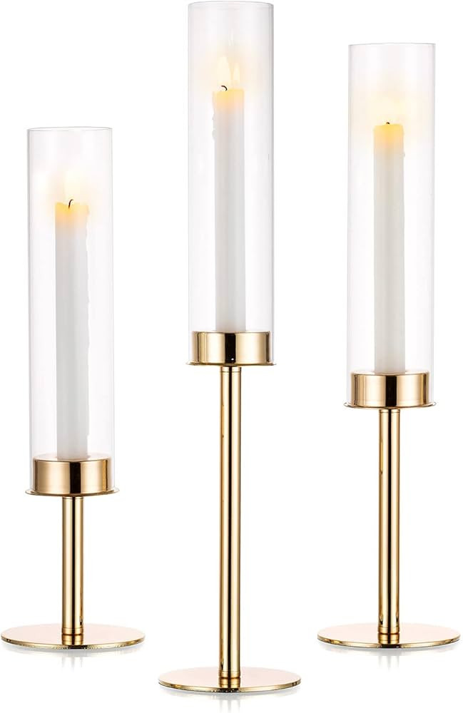 Nuptio Gold Candlestick Holder Tall Hurricane Candle Holder Set of 3 Taper Candle Holders Candle ... | Amazon (US)