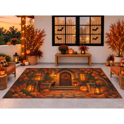 5' x 7' Outdoor Area Rug, Haunted House Pumpkins Lanterns Halloween Pattern, Waterproof PVC Coil Loop Carpet, Heavy Duty Quick Dry Mat for Porch Deck | Wayfair North America