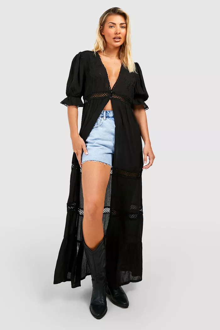 Cheesecloth Embroidered Crochet Trim Kimono | Boohoo.com (US & CA)