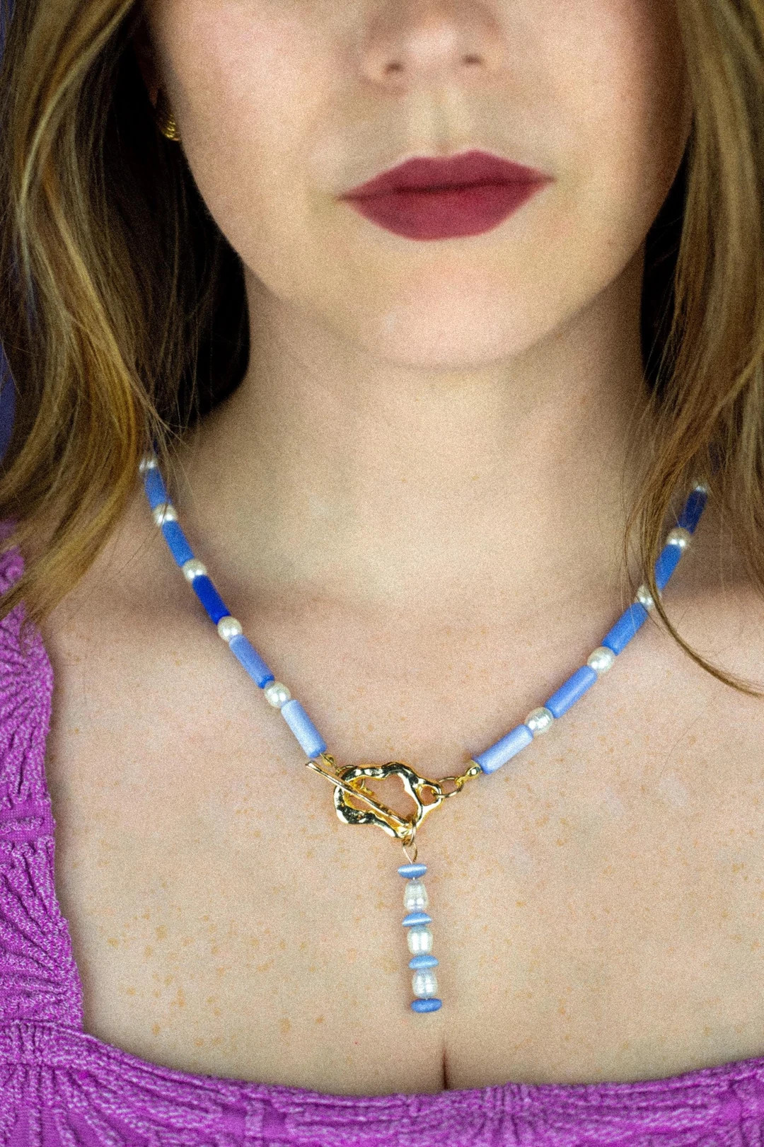 Blue and Pearl Cats Eye Beaded Necklace With Gold Plated Toggle Clasp and Matching Pendant Handma... | Etsy (US)