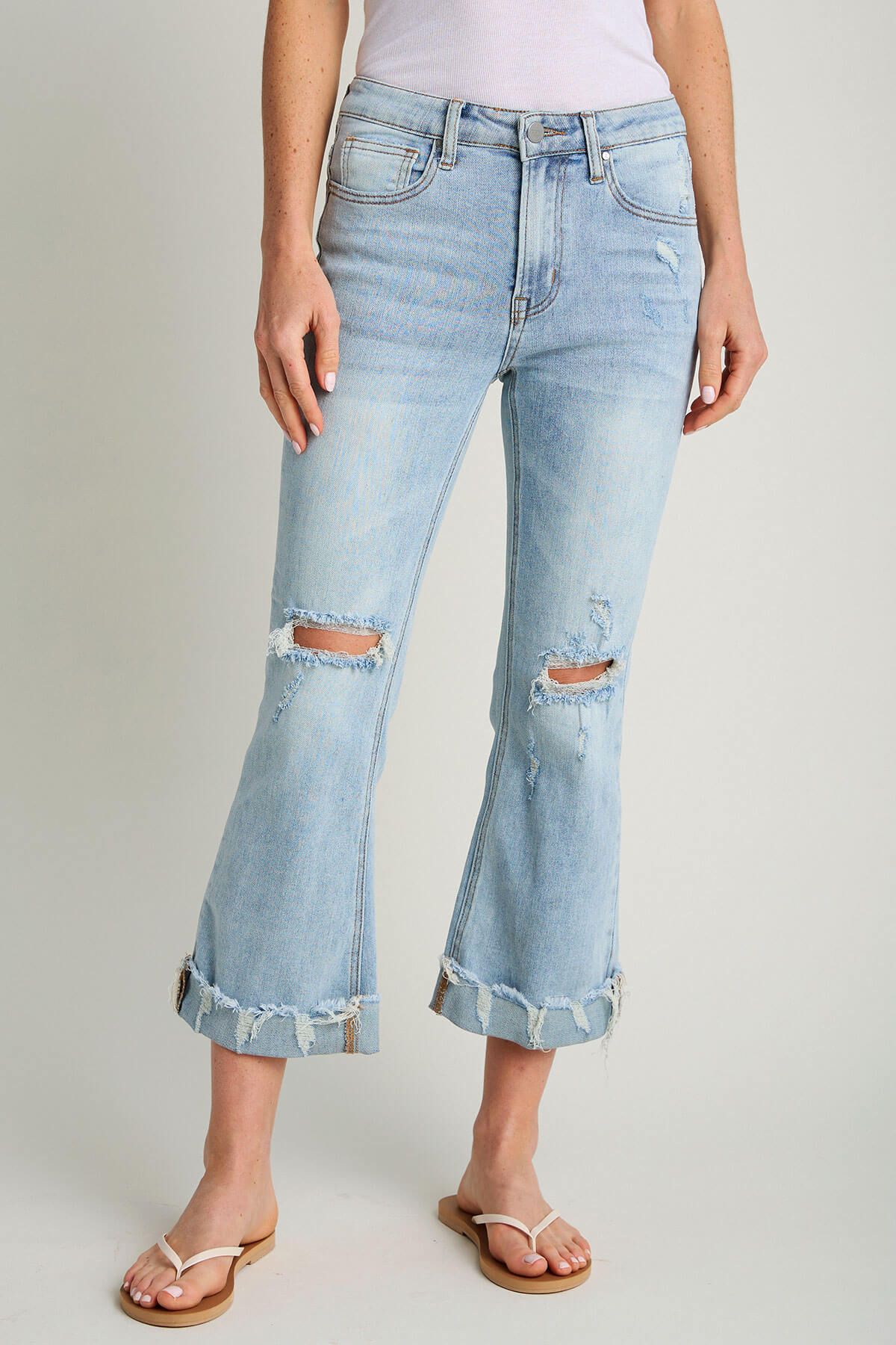 Risen Distressed Ankle Bootcut Cuffed Jeans | Social Threads