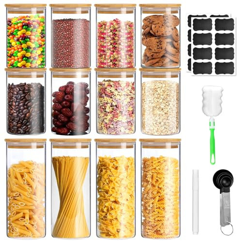ANVOSCI Glass Jars with Bamboo Lids Set of 12,Glass Storage Containers with Airtight Lids Storage Jars Food Storage Containers for Pasta,Flour,Cereal,Sugar,Cookie | Amazon (US)