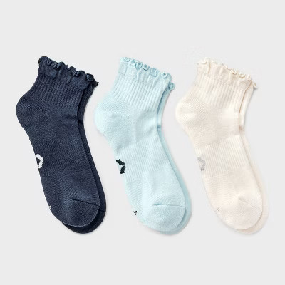 Women's Cushioned Ruffle 3pk Ankle Socks - All In Motion™ Navy/Light Blue/Beige 4-10: Arch Support, Knit Midweight Fabric | Target