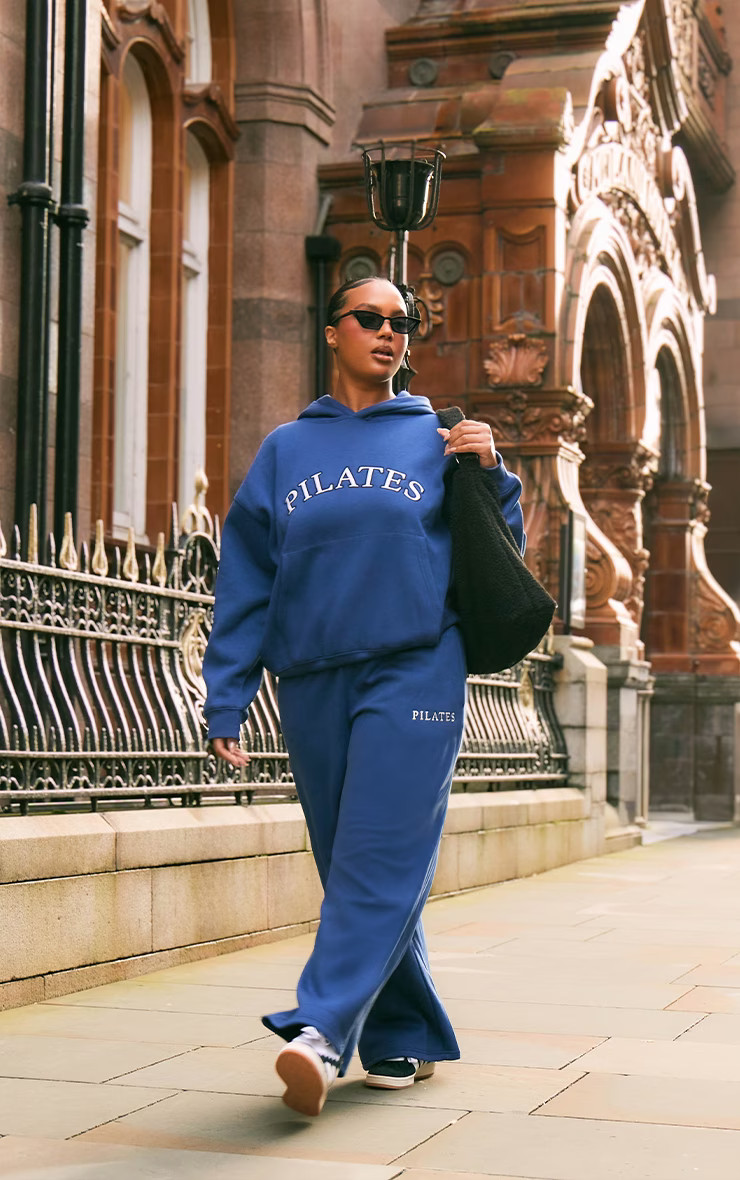 Plus Navy Pilates Graphic Straight Leg Sweatpants | PrettyLittleThing US