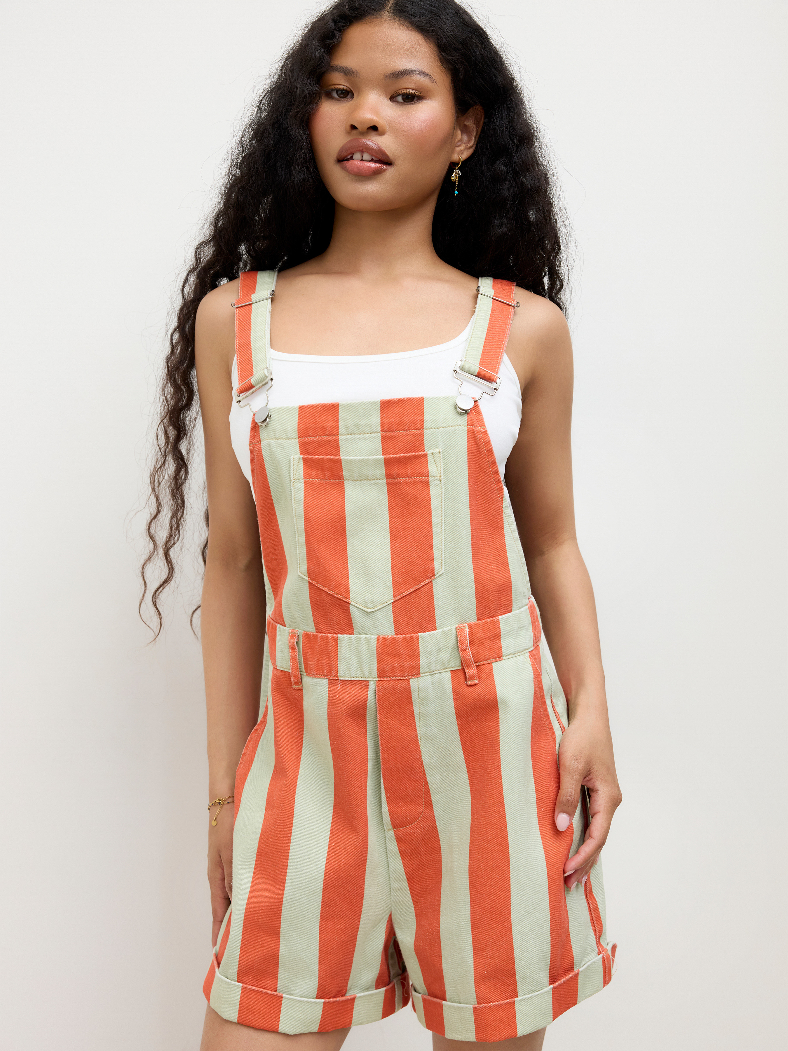 Denim Denim Stripe Pocket Roll Hem Romper For Vacation | Cider