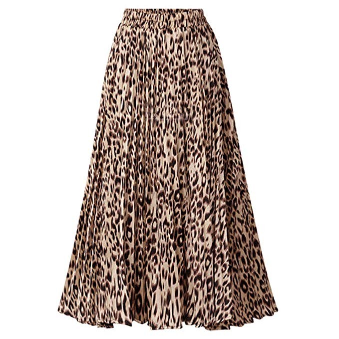 Chartou Womens Chic Elastic High Waisted A Line Leopard Print Pleated Shirring Midi-Long Skirt | Amazon (US)