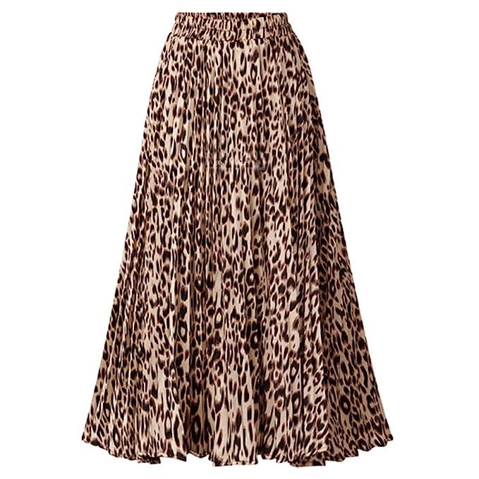 Chartou Womens Chic Elastic High Waisted A Line Leopard Print Pleated Shirring Midi-Long Skirt | Amazon (US)