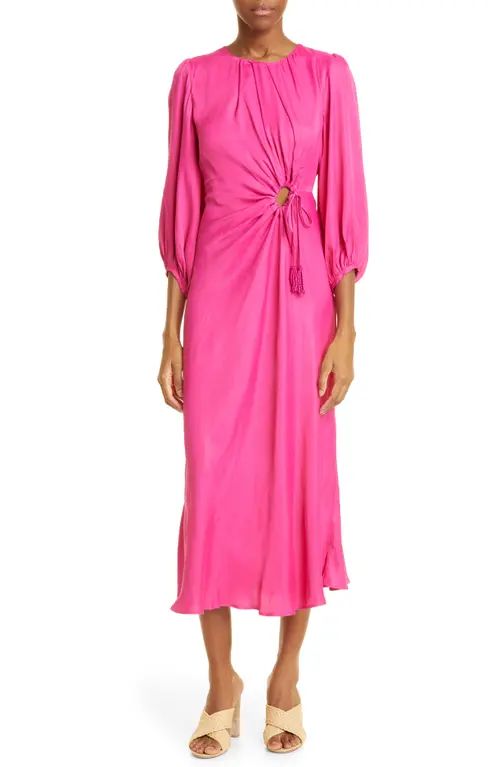 FARM Rio Solid Blouson Sleeve Cutout Midi Dress in Pink Smu at Nordstrom, Size Medium | Nordstrom