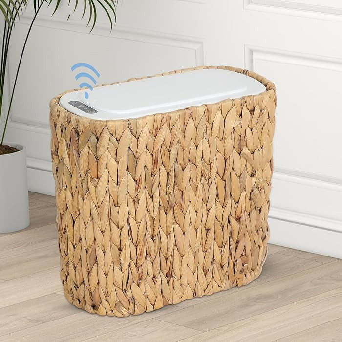 Boho Kitchen Trash Can with Lid,3.5 Gallon Automatic Small Rattan Trash Can,Slim Wicker Motion Se... | Amazon (US)