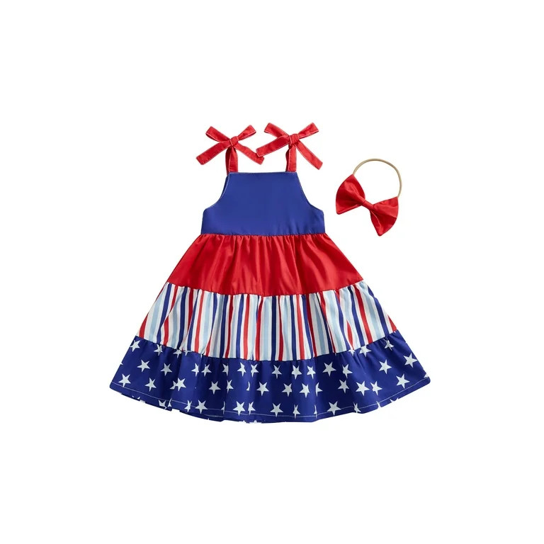 4th of July Toddler Little Girl Outfit Fourth of July Red White and Blue Dress American Flag Tier... | Walmart (US)