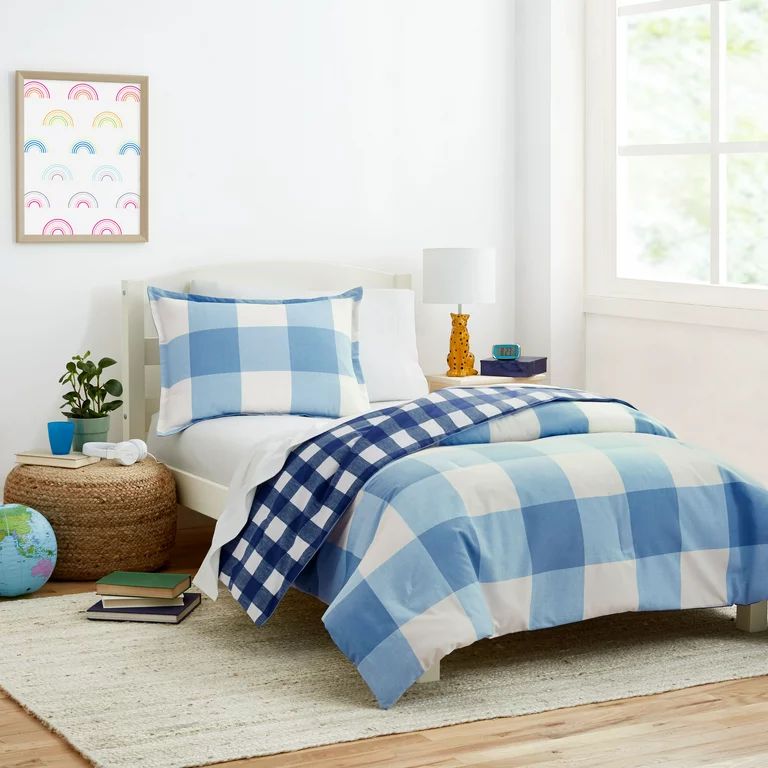 Gap Home Kids Gingham Reversible Organic Cotton Blend Comforter Set, Full/Queen, Blue, 3-Pieces -... | Walmart (US)