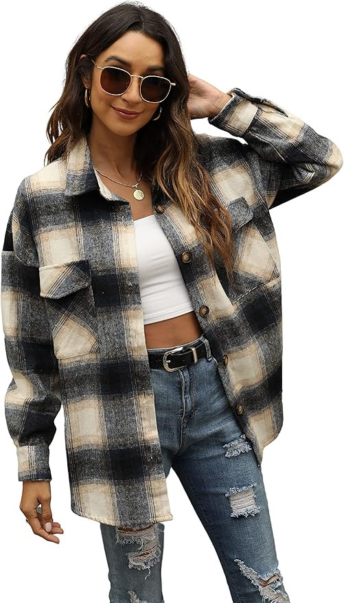Qiaomai Women's Flannel Plaid Shirt Loose Lapel Button Up Brushed Shacket Overshirt | Amazon (US)