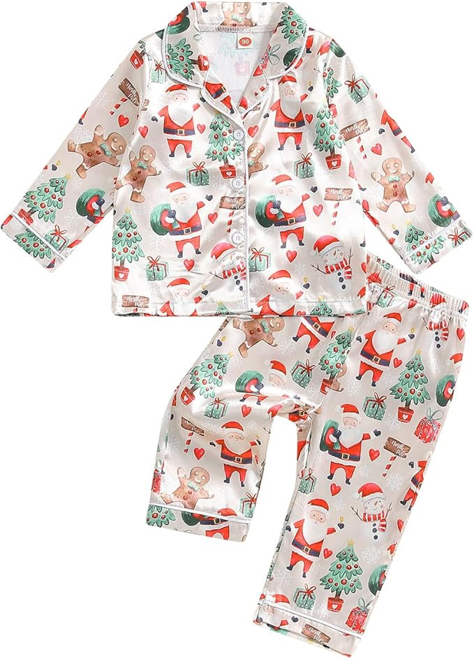 Multitrust Baby Girls Boys Silk Christmas Pajamas Set Santa Claus Long Sleeve Button Down Shirts ... | Amazon (US)