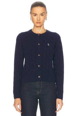 Sporty & Rich Cable Knit Cashmere Cardigan in Navy & White - Navy. Size L (also in ). | FWRD 
