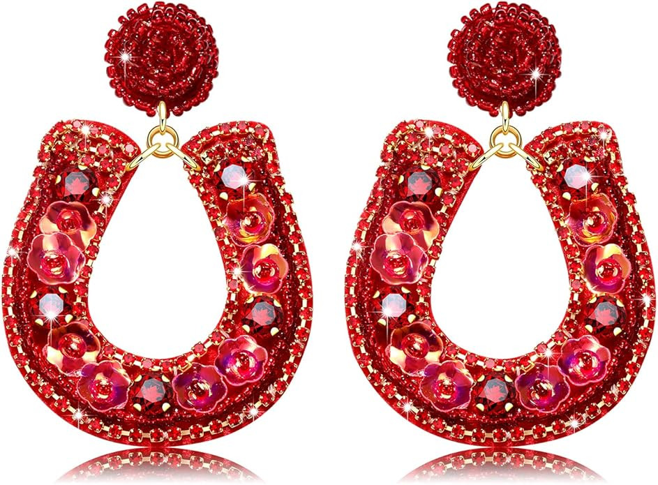 Derby Earrings, Beaded Floral Race Horse Earrings, Kentucky Derby Accessories, Western Horse Raci... | Amazon (US)
