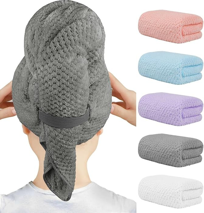 HOMEXCEL 5 Pack Microfiber Hair Towels - 40 x 20 inches Super Soft, Fast Drying Turbans for Long,... | Amazon (US)