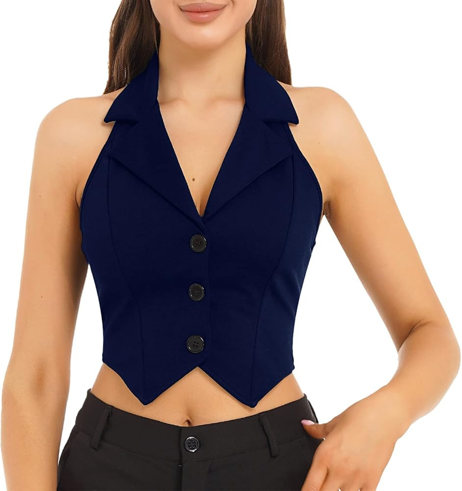 Women's Halter Cropped Dressy Vest Top Slim Fit Sleeveless Button Down Tuxedo Suit Waistcoat | Amazon (US)