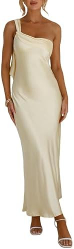 2025 Satin One Shoulder Maxi Dress for Women Summer Silk Formal Elegant Backless Ruffle Sleeveles... | Amazon (US)