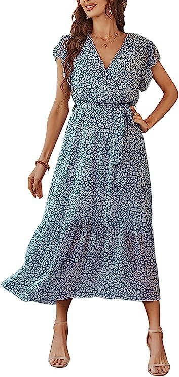 PRETTYGARDEN Women's Floral Summer Dress Wrap V Neck Short Sleeve Belted Ruffle Hem A-Line Bohemi... | Amazon (US)