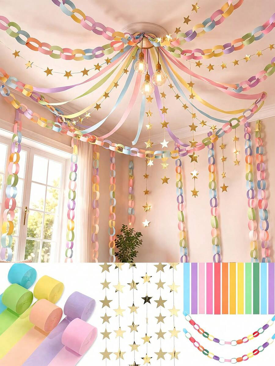 1 Set Macaron Color Birthday Party Decoration Kit - 197ft Crepe Paper Ribbon And 100 Paper Strips (For Making Chains) - 20ft Double-Sided Gold Star Garland Backdrop, Suitable For Birthday, Wedding, Macaron Theme Party Decoration And DIY Crafts | SHEIN
