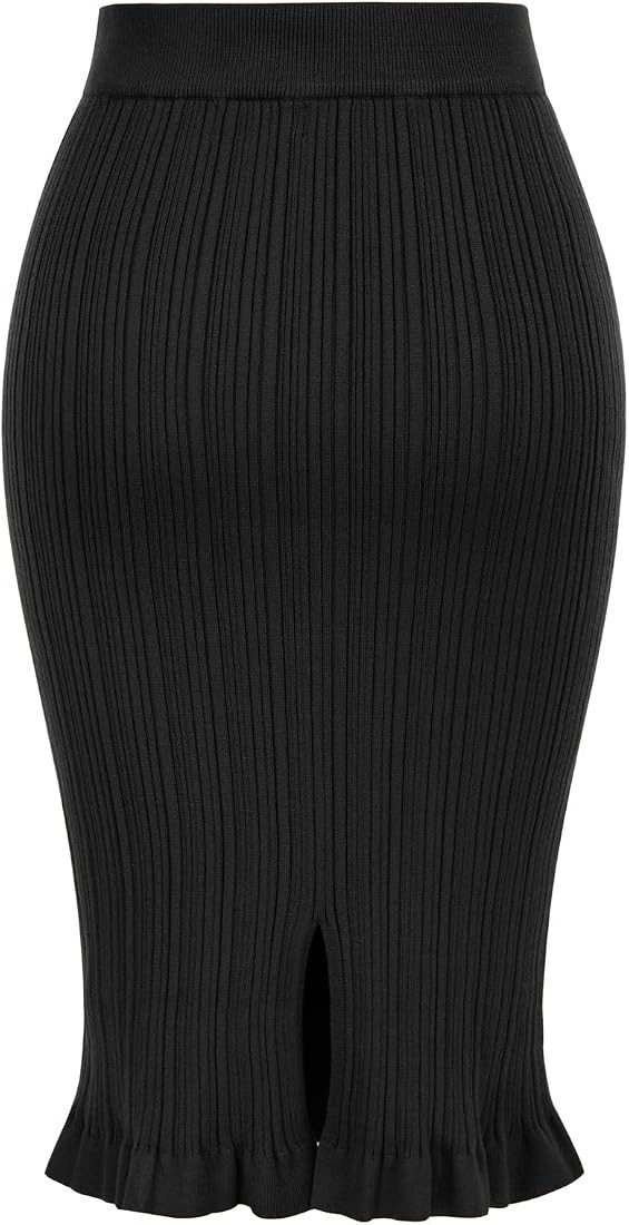 Womens Ribbed Knit Skirt with Slit Knee Length Midi Sweater Skirt Elastic Waist Pencil Skirts S-XXL | Amazon (US)