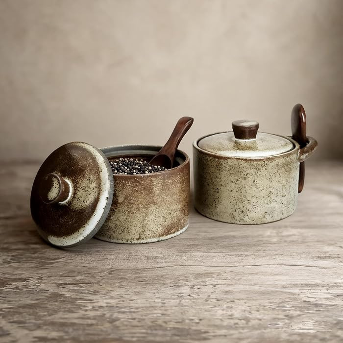SEICASAYA Artisan Speckled Ceramic Salt Cellar with Wood Spoon, Handcrafted Vintage Spice Jar, Mu... | Amazon (CA)