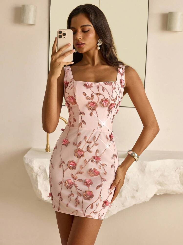 Vowa Elegant Pink Luxury 3D Floral Bead Fabric Sqaure Neck High Waist Adjustable Tie Waist Mini Bodycon Skirt, Suitable For Dates, Simple Refined Romantic Casual Commute, Wedding, Party, Music Festival, Vacation Etc.Date Night Sequin Outfits Women, Sequin Fabric, Country Concert Outfit | SHEIN